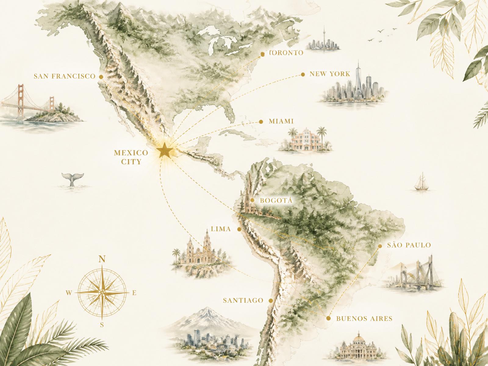 Editorial map of the Americas — cities represented at the summit